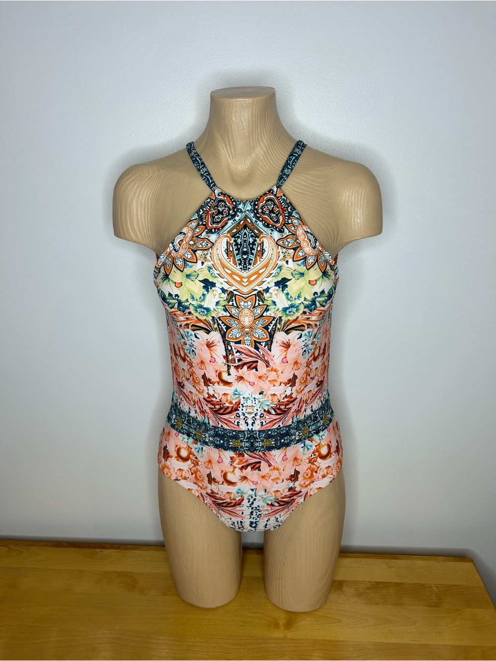 SHEIN Peach, Teal & Navy Paisley Floral Halter One-Piece Swimsuit❤️M